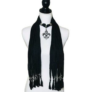 Fleur Di Lis Charm Faux Rhinestone Fringe Scarf